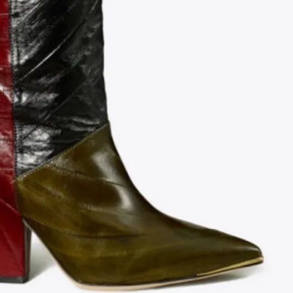 TORY BURCH LILA TALL BOOTS EEL LEATHER COLOR OLIVE/BLK/WINE 90MM HEEL US 8 1/2 - Picture 4 of 6